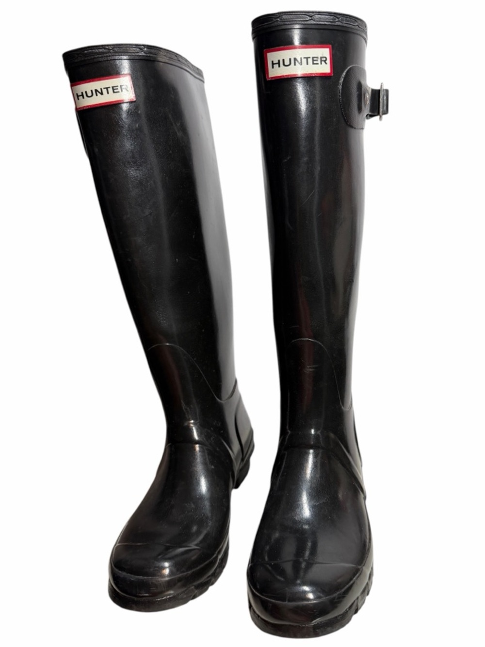 Hunter Gloss Black Knee-High Rain Boots with Side Buckle - Women’s Size 6